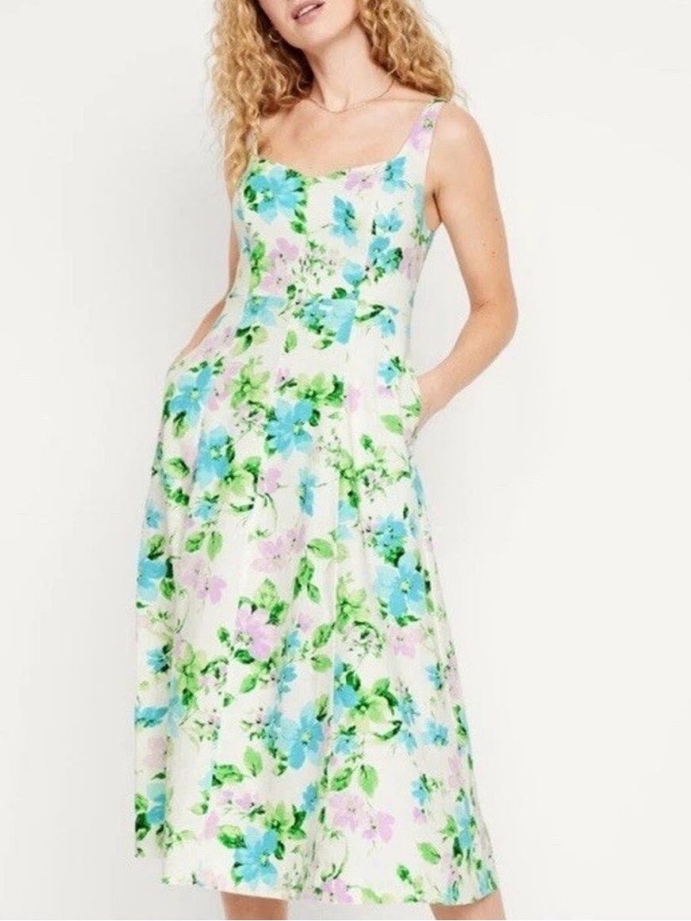 Old Navy Midi Dress with Blue, Green & Pink Floral Print